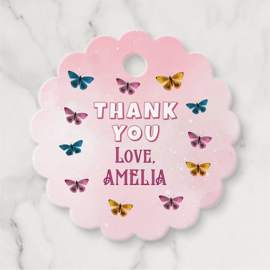 Schattige Roze Vlinderpatroon Dank u Verjaardag Bedankjes Labels (Voorkant)