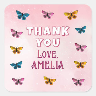 Schattige Roze Vlinderpatroon Dank u Verjaardag Vierkante Sticker