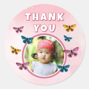 Schattige Roze Vlinderpatroon Verjaardagsfoto Ronde Sticker
