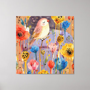 Schattige Roze Vogel in een Levendige Bloemrijke A Canvas Afdruk