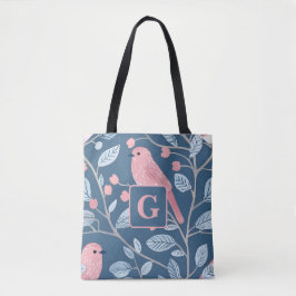 Schattige roze vogelblauw grijs gepersonaliseerd m tote bag