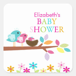 Schattige roze vogelnest dank u Baby shower vierka Vierkante Sticker