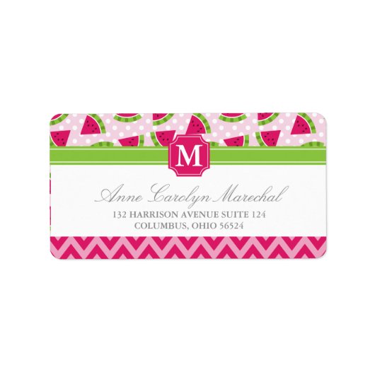 Schattige Roze Watermeloen Polka Dots Chevron Mono Etiket (Voorkant)