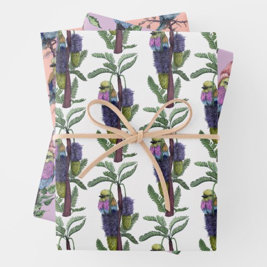 Schattige Roze Waterverf Afrikaans Vogelpatroon Inpakpapier Vel (In situ)