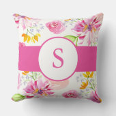 Schattige Roze Waterverf Bloemen en Monogram Kussen (Voorkant)