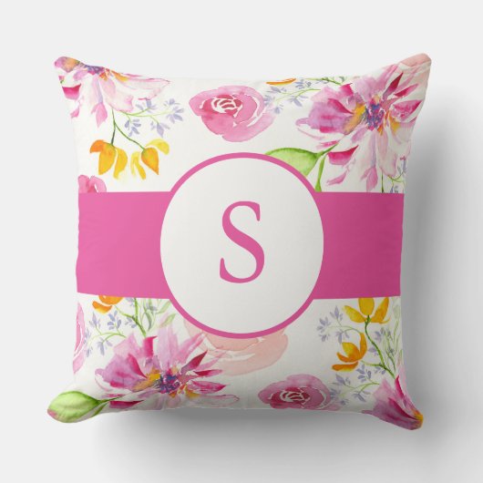 Schattige Roze Waterverf Bloemen en Monogram Kussen (Voorkant)