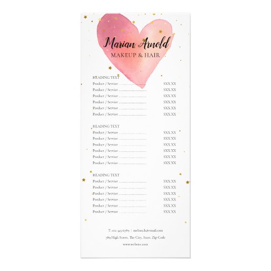 Schattige Roze Waterverf Hart Salon Service Menu (Voorkant)