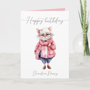Schattige roze Waterverf oud oma cat happy birthda Kaart