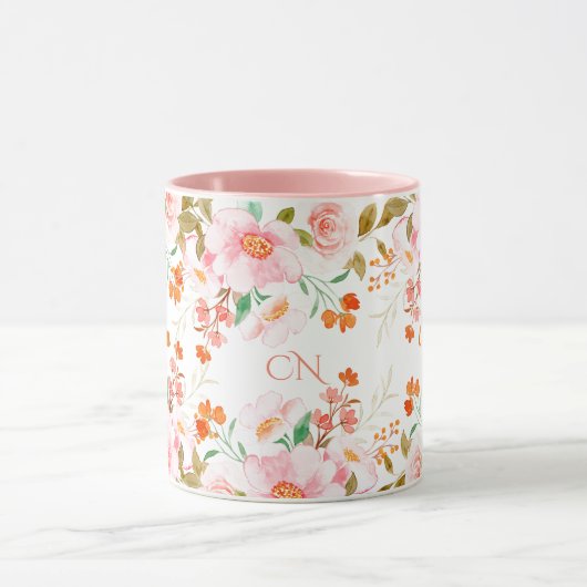 Schattige Roze Waterverf Rozen Girly Naam Monogram Mok (Midden)