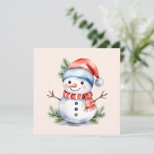 Schattige Roze Waterverf Sneeuwman Kerstmis Feestdagenkaart (Staand voorkant)