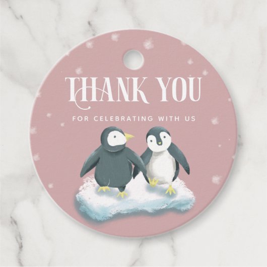Schattige Roze Winter Wonderland Pinguïns Baby sho Bedankjes Labels (Voorkant)