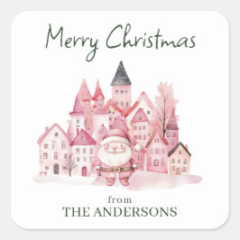 Schattige Roze Winterstad Moderne Kerstmis Vierkante Sticker