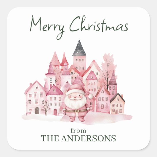 Schattige Roze Winterstad Moderne Kerstmis Vierkante Sticker (Voorkant)