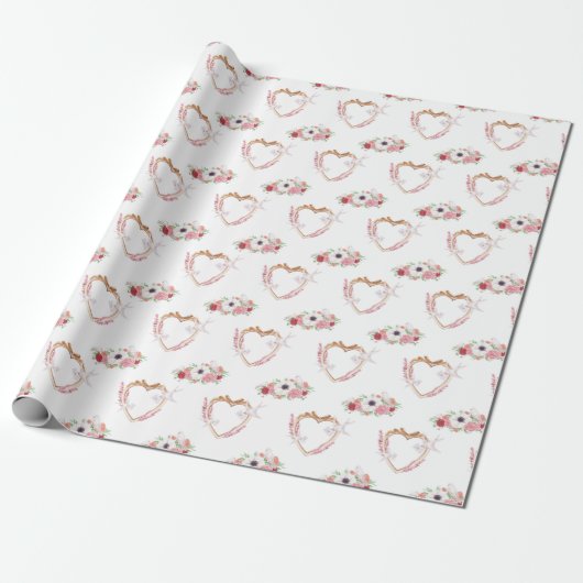 Schattige Roze Wit Bloemen Hart Patroon Cadeaupapier (Uitgerold)