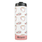 Schattige Roze Wit Bloemen Hart Patroon Thermosbeker (Voorkant)