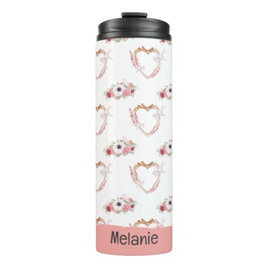 Schattige Roze Wit Bloemen Hart Patroon Thermosbeker (Voorkant)