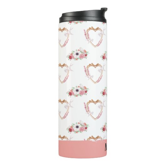 Schattige Roze Wit Bloemen Hart Patroon Thermosbeker (Gedraaid links)