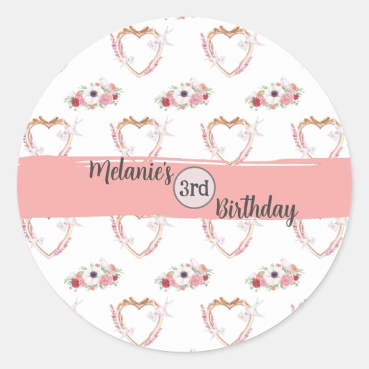 Schattige Roze Wit Bloemen Hart Patroon Verjaardag Ronde Sticker (Voorkant)