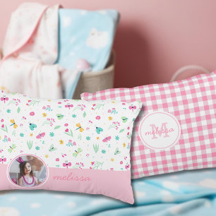 Schattige roze wit bloemmotief met foto naam accent kussen