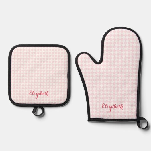 Schattige roze wit geruit retro rustiek monogram ovenwant & pannenlap set (Voorkant)