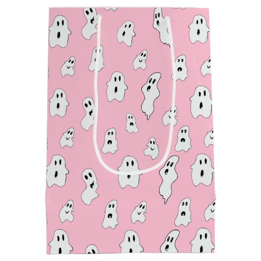 Schattige Roze Wit Happy Ghosts Medium Cadeauzakje (Achterkant)