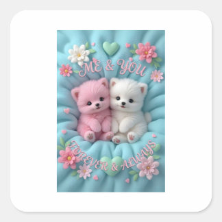 Schattige Roze & Witte Kittens – "Mij & Jou, Voor Vierkante Sticker