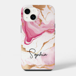 Schattige roze witte nepgloeiende marmeren kunst m iPhone 14 hoesje