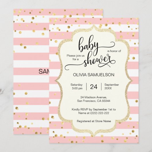 Schattige Roze Witte Strepen Goud Zwart Baby showe Kaart (Voorkant / Achterkant)
