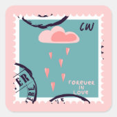 Schattige Roze Wolk Raining Hearts Postzegel Vierkante Sticker (Voorkant)