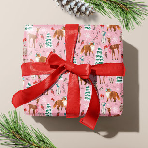 Schattige Roze Woodland Animals Kerstvakantie Cadeaupapier