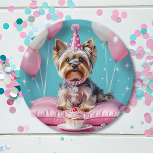 Schattige Roze Yorkie Verjaardag Papieren Bordje