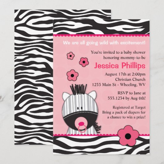 Schattige roze Zebra Babyschoenen Kaart (Voorkant / Achterkant)