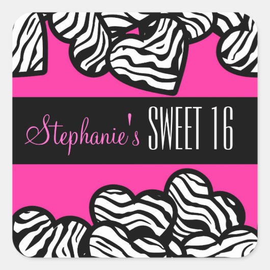 Schattige Roze zebra hart Sweet 16 Verjaardag stic Vierkante Sticker (Voorkant)