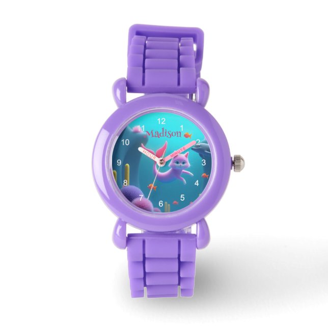 Schattige Roze Zeemeermin Kitten Horloge (Voorkant)