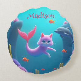 Schattige Roze Zeemeermin Kitten Rond Kussen