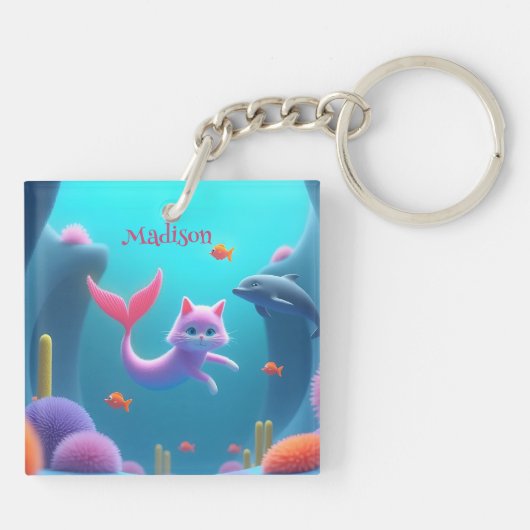 Schattige Roze Zeemeermin Kitten Sleutelhanger (Achterkant)