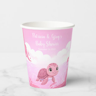 Schattige Roze Zeeschildpad Meisje Baby Shower Papieren Bekers