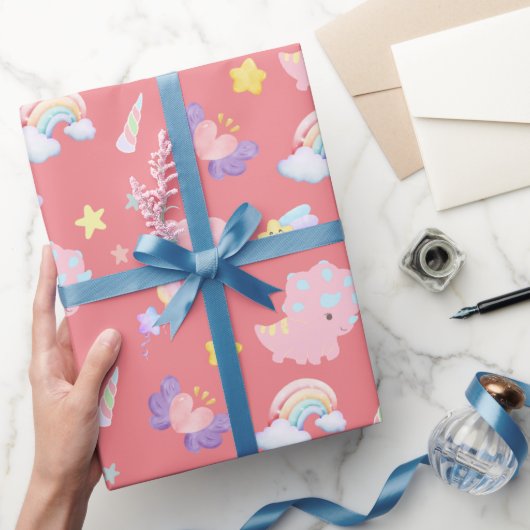 Schattige roze zoet dinosaurus regenboog pastel Pa Cadeaupapier (Geschenken)