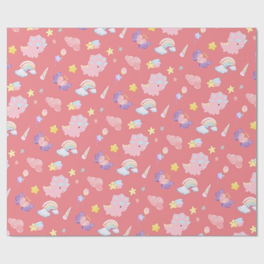 Schattige roze zoet dinosaurus regenboog pastel Pa Cadeaupapier (Vlak)