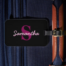 Schattige  Roze & Zwart Monogram Script Bagagelabel
