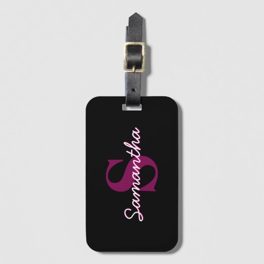 Schattige  Roze & Zwart Monogram Script Bagagelabel (Voorkant (verticaal))