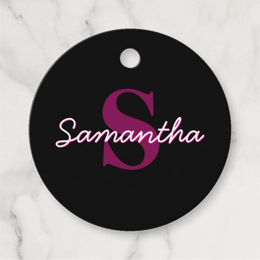 Schattige  Roze & Zwart Monogram Script Bedankjes Labels (Voorkant)