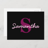 Schattige Roze & Zwart Monogram Script Briefkaart (Voorkant / Achterkant)