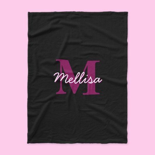 Schattige Roze & Zwart Monogram Script Fleece Deken