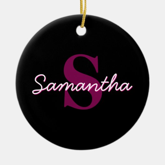 Schattige  Roze & Zwart Monogram Script Keramisch Ornament (Voorkant)