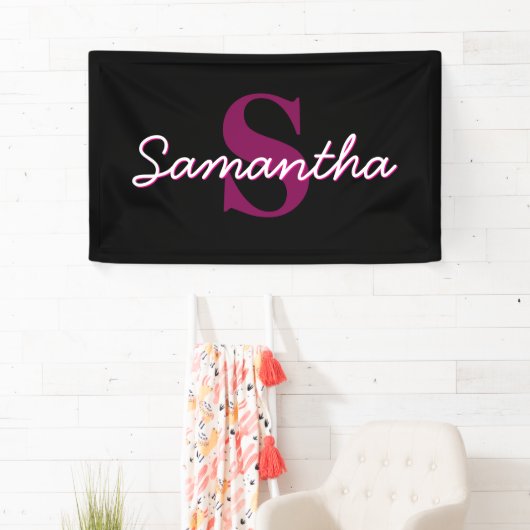 Schattige Roze & Zwart Monogram Script Spandoek (Insitu)