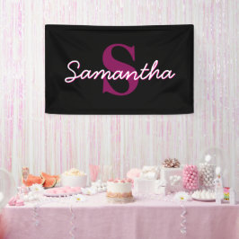 Schattige  Roze & Zwart Monogram Script Spandoek