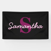 Schattige Roze & Zwart Monogram Script Spandoek (Horizontaal)