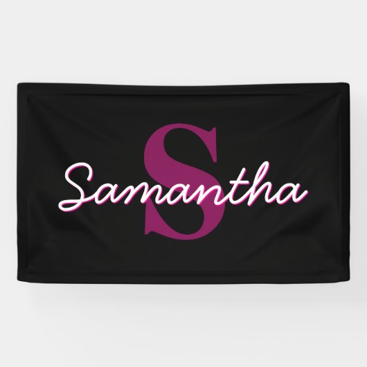 Schattige Roze & Zwart Monogram Script Spandoek (Horizontaal)