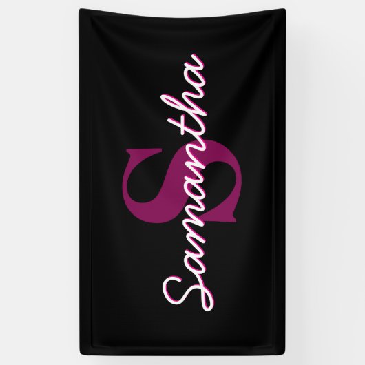 Schattige Roze & Zwart Monogram Script Spandoek (Verticaal)